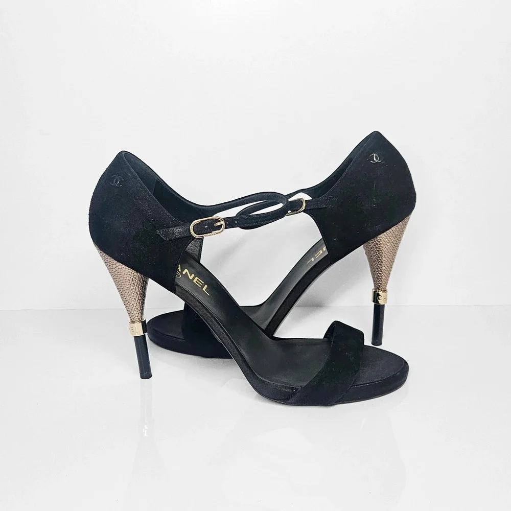 Chanel 2016 Black Suede Satin Gold CC Logo High Heels Sandals Shoes Strappy 41.5